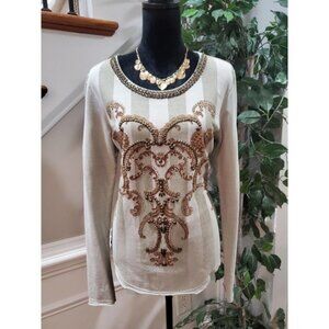 Perfect Way Womens Beige Striped Cotton Round Neck Long Sleeve Top Size Medium